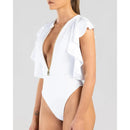 Teresa V-Neck Swimsuit with Ruffle Shoulder and Front Zipper Closure