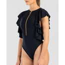 Teresa V-Neck Swimsuit with Ruffle Shoulder and Front Zipper Closure
