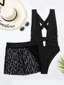 Margarida Textured V-Neck Swimsuit Set with Sarong Skirt