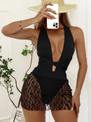 Margarida Textured V-Neck Swimsuit Set with Sarong Skirt